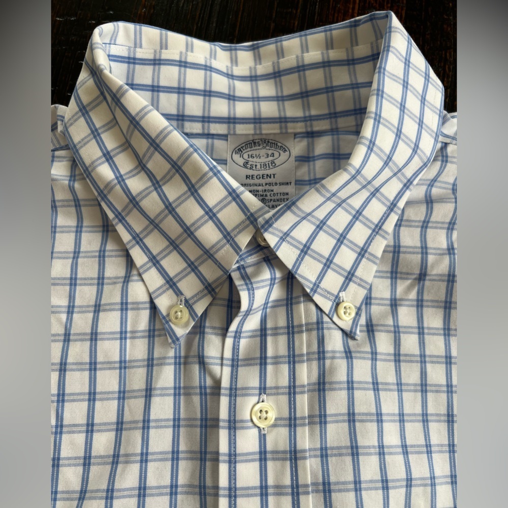 Brooks Brothers Regent Button Down Shirt 16 1/2 White Blue Plaid Cotton Stretch